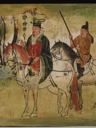 Peinture à l'encre de deux hommes à cheval sur les grottes de Mogao en Chine