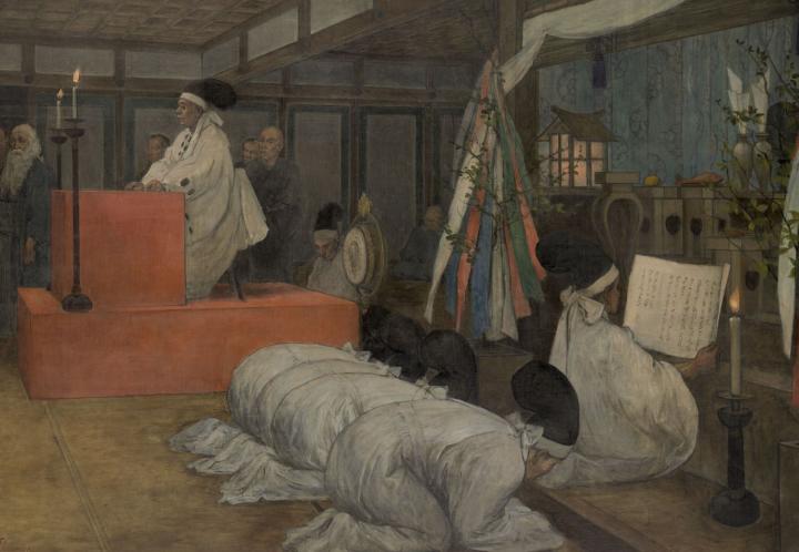 Prédications et offrandes dans le temple de Tenmangu à Kyoto, par Félix Régamey (1844-1907)