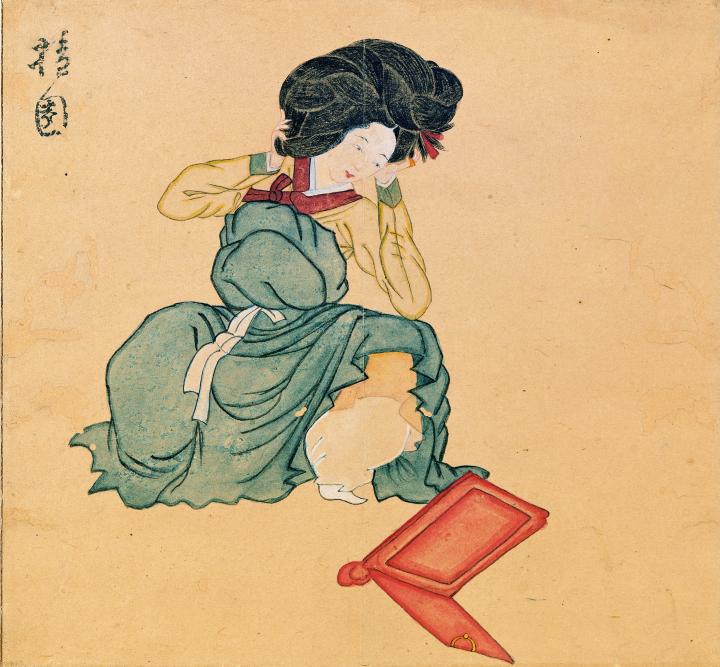 Attribué à Kim Hong-do (1745-1814 ?), Femme se coiffant, Époque Joseon (1392-1910), seconde moitié du 18e siècle, Séoul, musée d’art de l’Université nationale