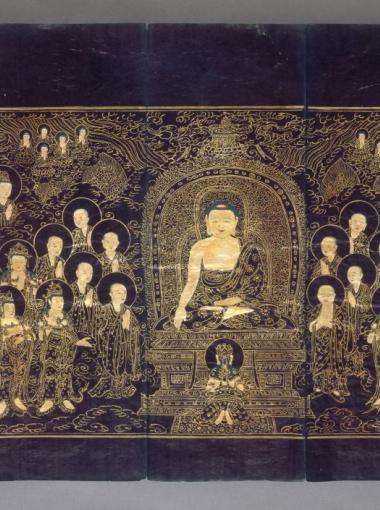 Image d'un manuscrit sur papier à entre représentant le Sutra du Lotus