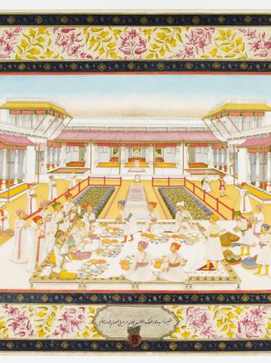 Image peinte d'un album décrivant une scène de banquet en Inde