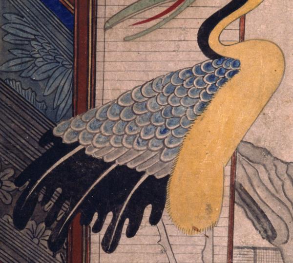 Héron peint sur paravent coréen