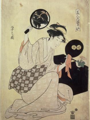 Jeune femme observant sa coiffure dans un miroir (estampe japonaise)