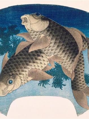 Eventail avec 2 carpes de Hokusai Katsushika
