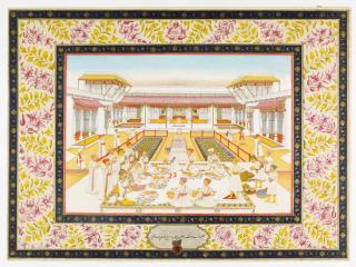 Image peinte d'un album décrivant une scène de banquet en Inde
